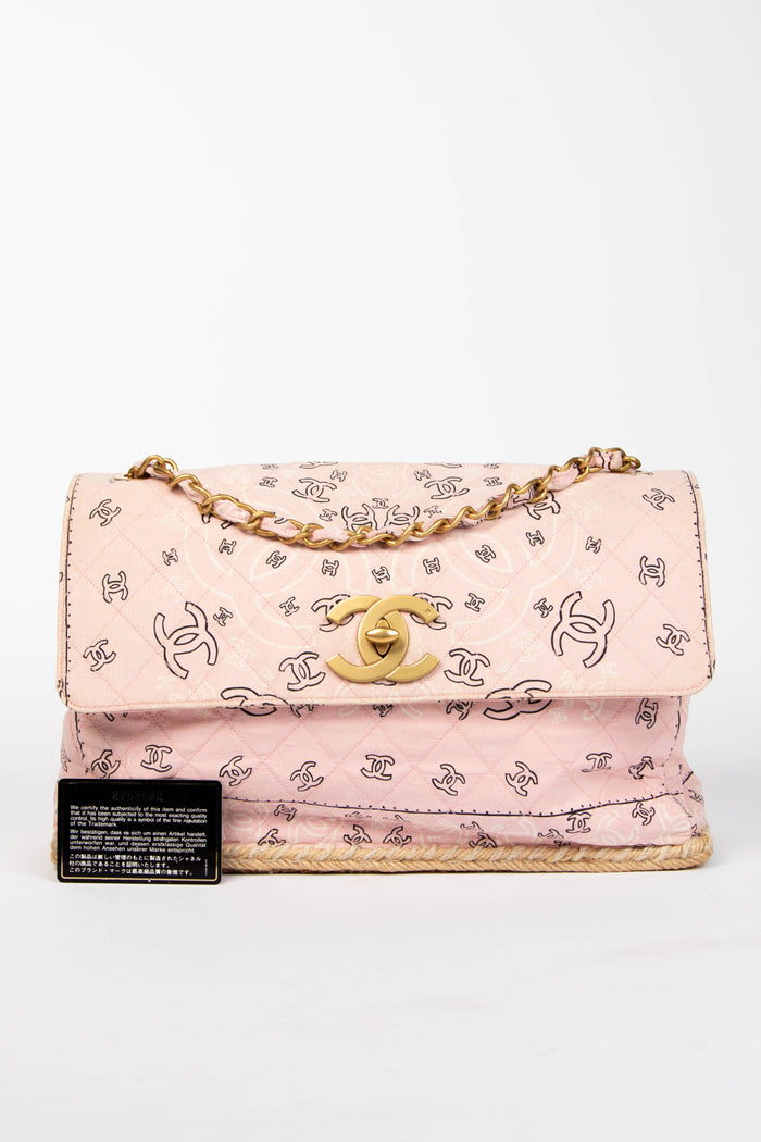 90s Chanel Pink Bandana Canvas Large Single Flap Shoulder Bag