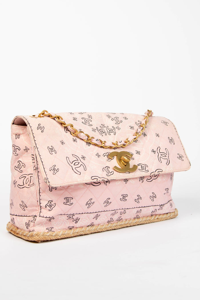90s Chanel Pink Bandana Canvas Large Single Flap Shoulder Bag