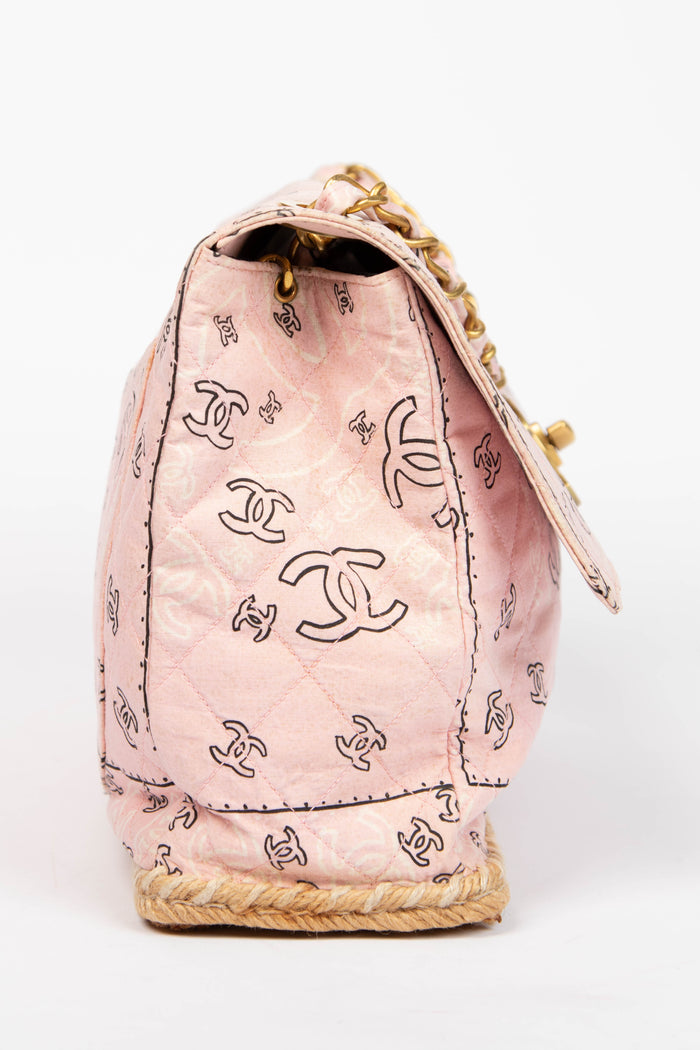 90s Chanel Pink Bandana Canvas Large Single Flap Shoulder Bag