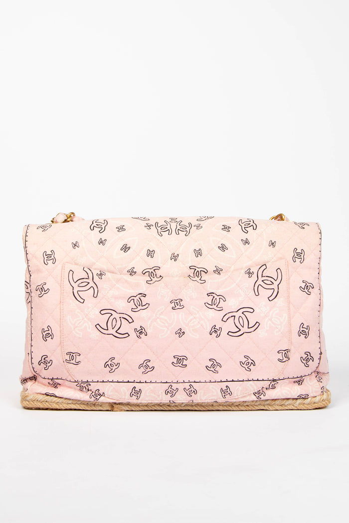 90s Chanel Pink Bandana Canvas Large Single Flap Shoulder Bag