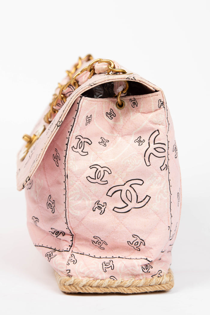 90s Chanel Pink Bandana Canvas Large Single Flap Shoulder Bag