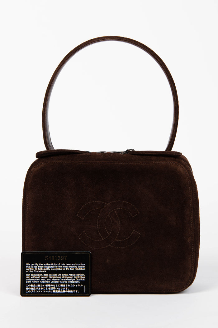90s Chanel Brown Suede Top Handle Bag