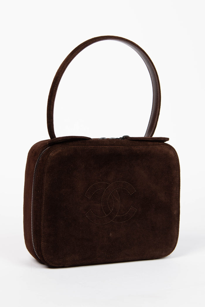 90s Chanel Brown Suede Top Handle Bag