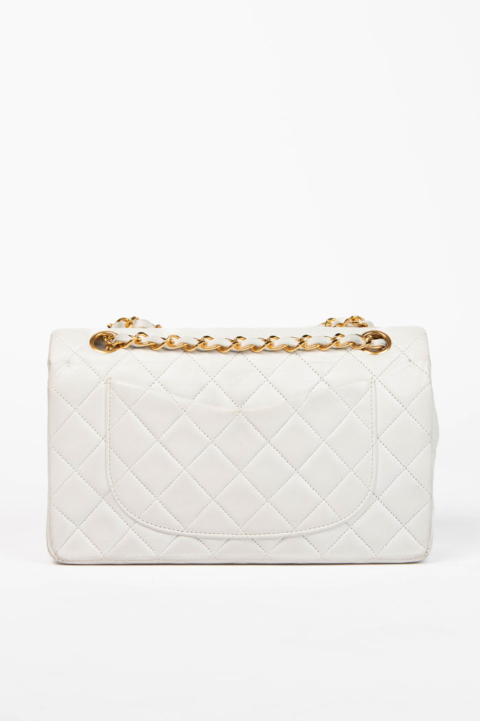 Vintage Chanel White Lambskin Leather Small Double Flap Bag with 24K GHW