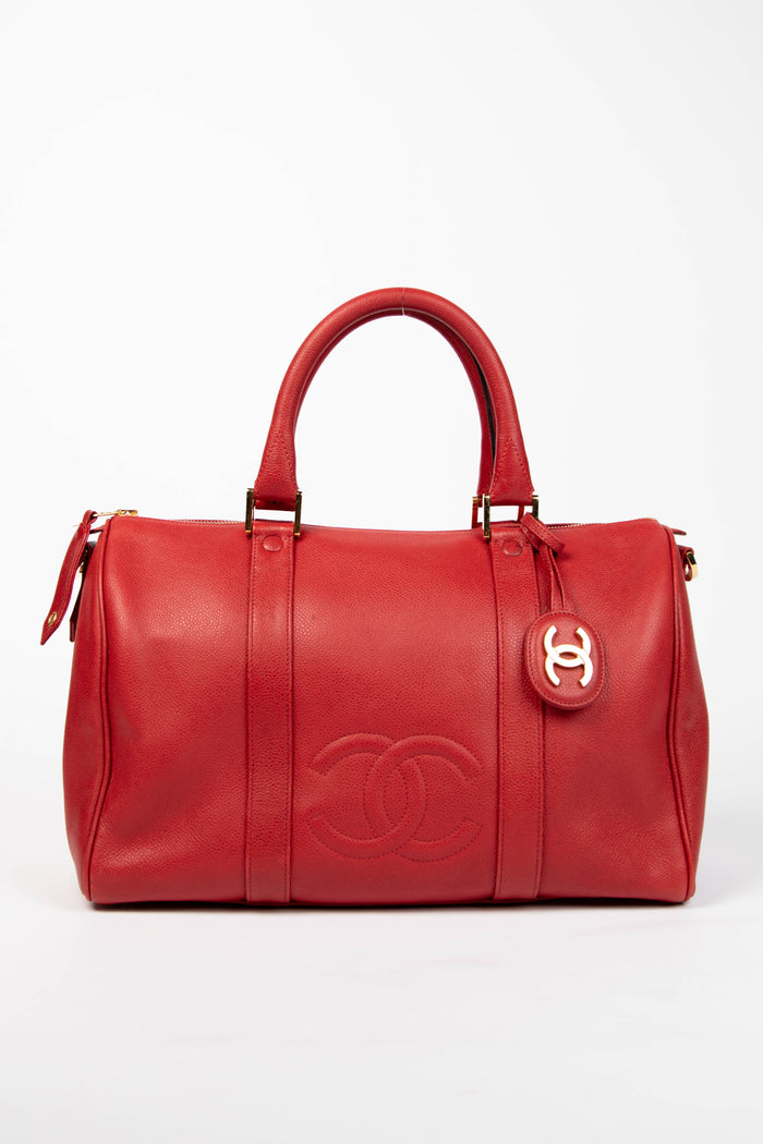 90s Chanel Red Caviar Leather Small Boston Bag