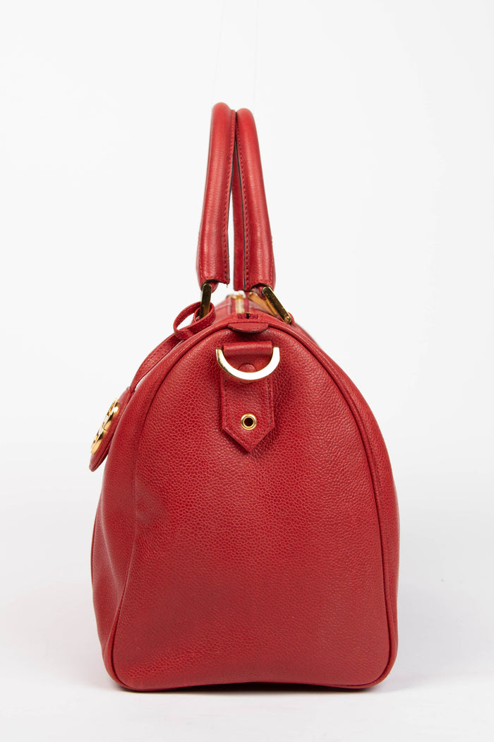 90s Chanel Red Caviar Leather Small Boston Bag