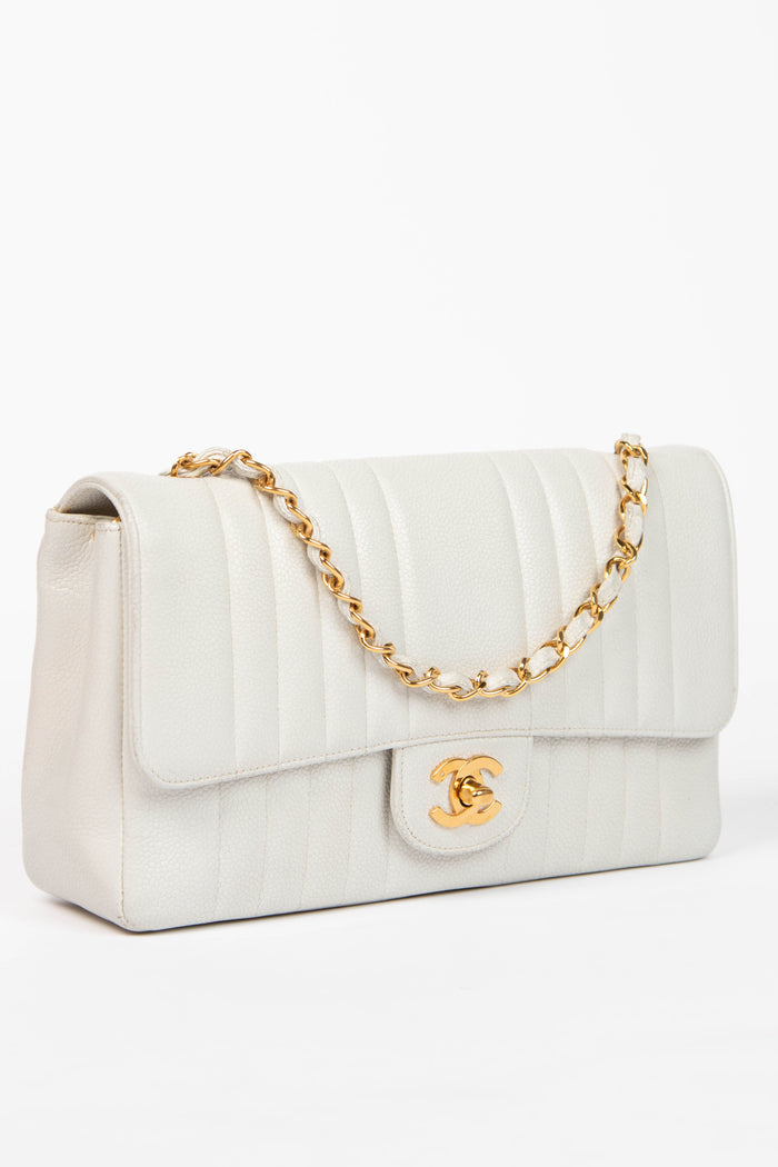 90s Chanel White Vertical Stitch Single Flap Bag with 24k GHW