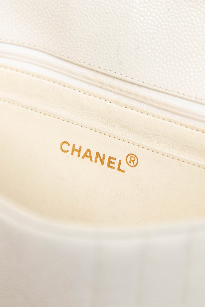 90s Chanel White Vertical Stitch Single Flap Bag with 24k GHW