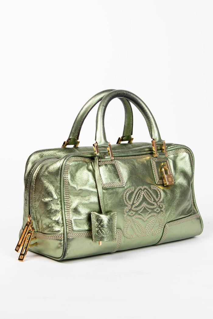 Vintage Loewe Green Metallic Leather Amazona Top Handle Bag