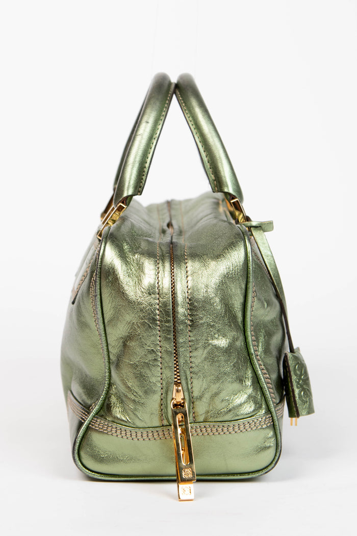 Vintage Loewe Green Metallic Leather Amazona Top Handle Bag