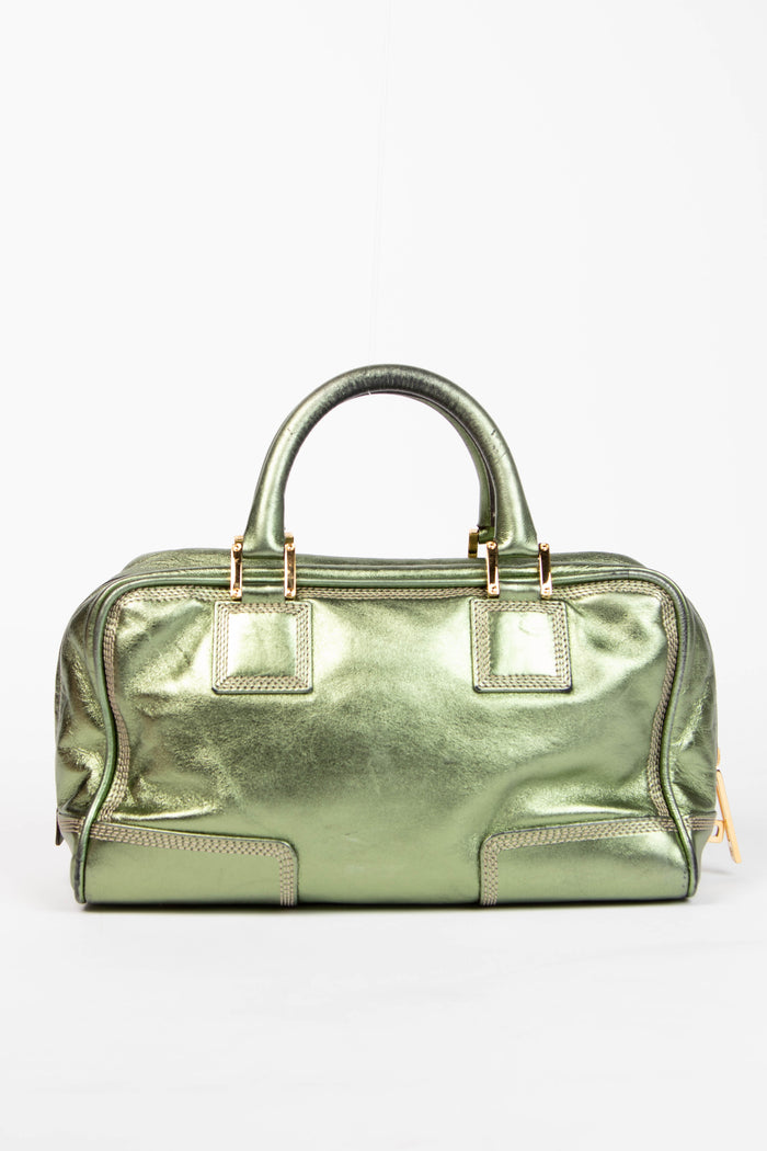 Vintage Loewe Green Metallic Leather Amazona Top Handle Bag