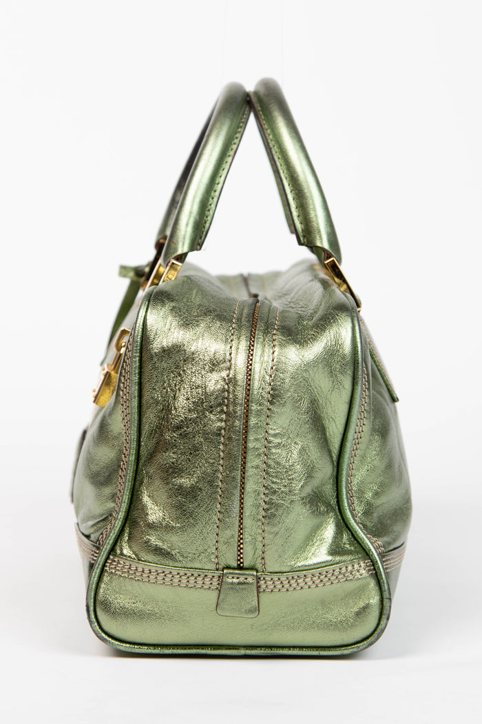 Vintage Loewe Green Metallic Leather Amazona Top Handle Bag