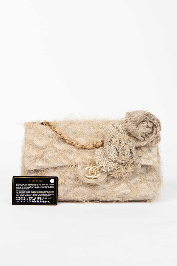 RARE 2009 Chanel Linen Camellia Medium Single Flap Shoulder Bag