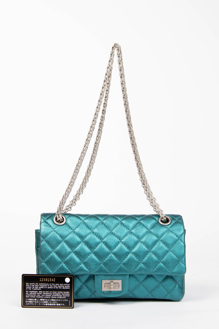 2000s Chanel Blue Metallic Re-issue Small Double Flap Shoulder Bag