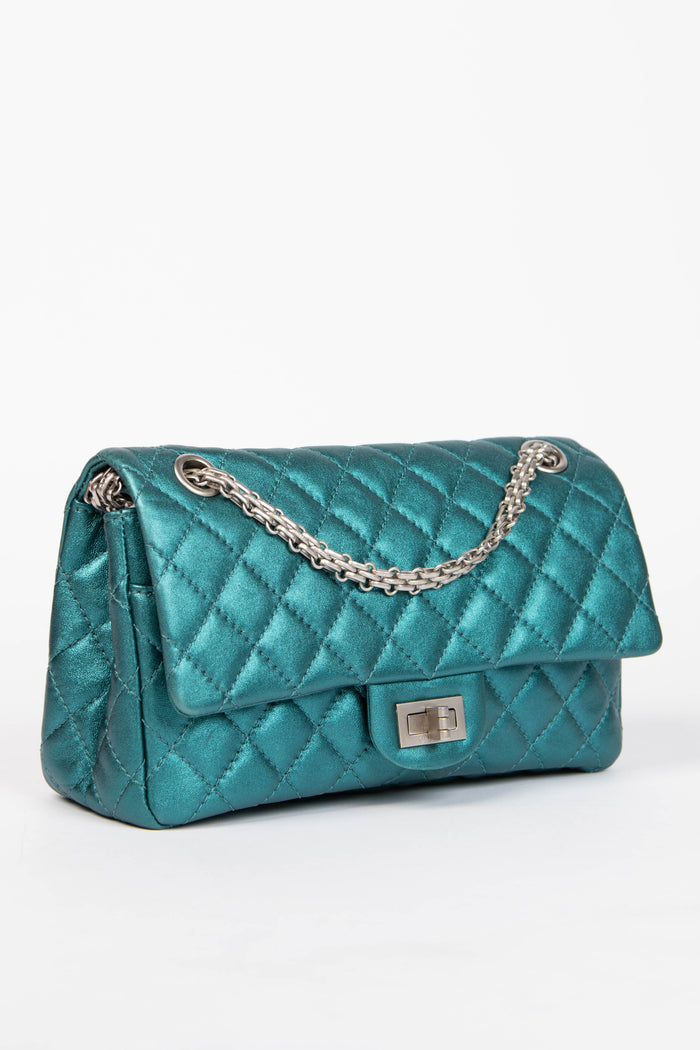 2000s Chanel Blue Metallic Re-issue Small Double Flap Shoulder Bag