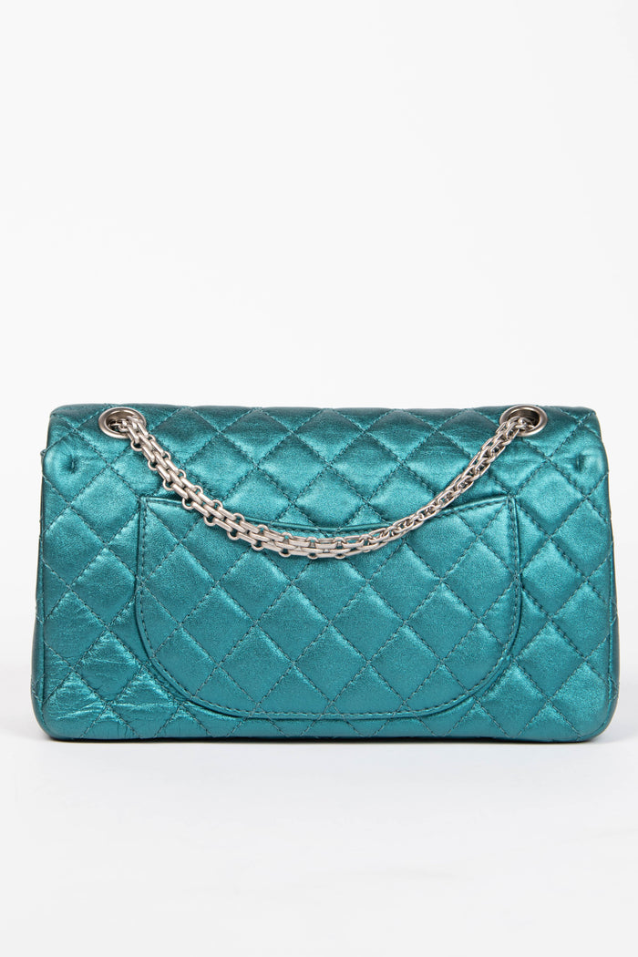 2000s Chanel Blue Metallic Re-issue Small Double Flap Shoulder Bag