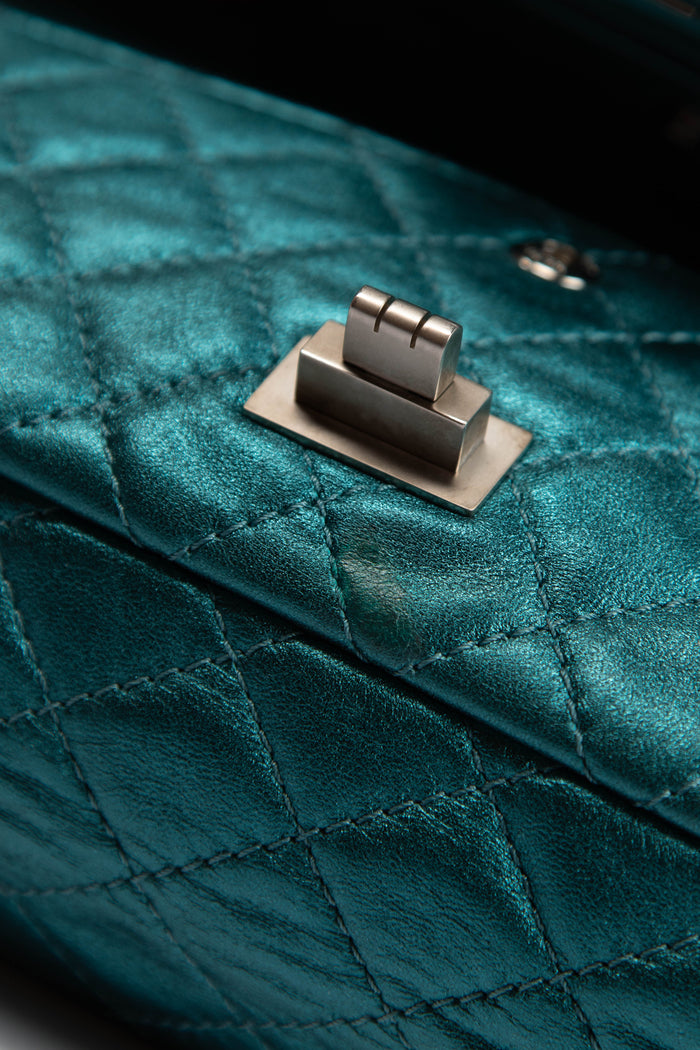 2000s Chanel Blue Metallic Re-issue Small Double Flap Shoulder Bag