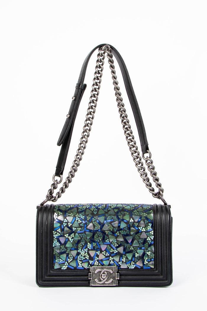 2010s Chanel Black Lambskin Leather Mosaic Medium Boy Bag