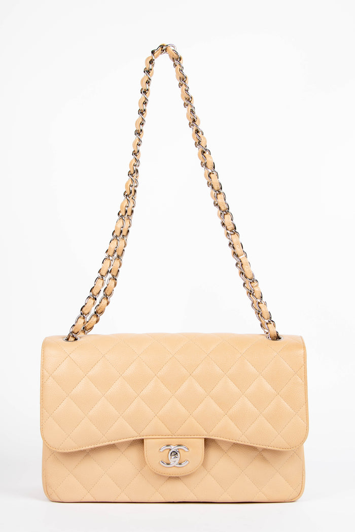 2019 Chanel Beige Caviar Leather Jumbo Double Flap Shoulder Bag