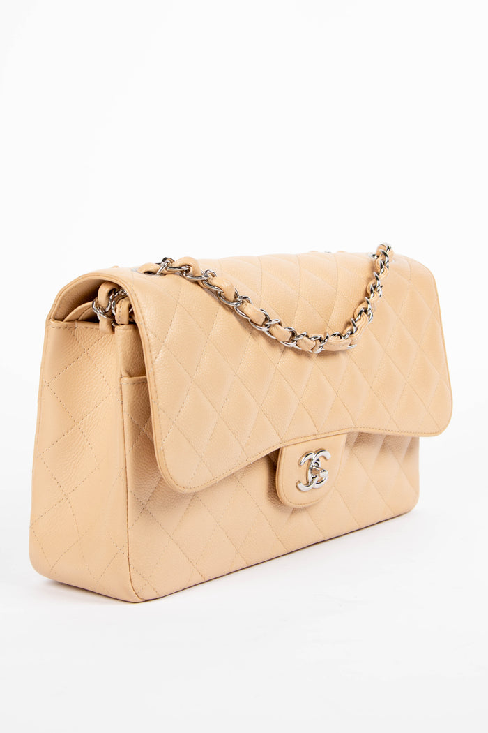 2019 Chanel Beige Caviar Leather Jumbo Double Flap Shoulder Bag