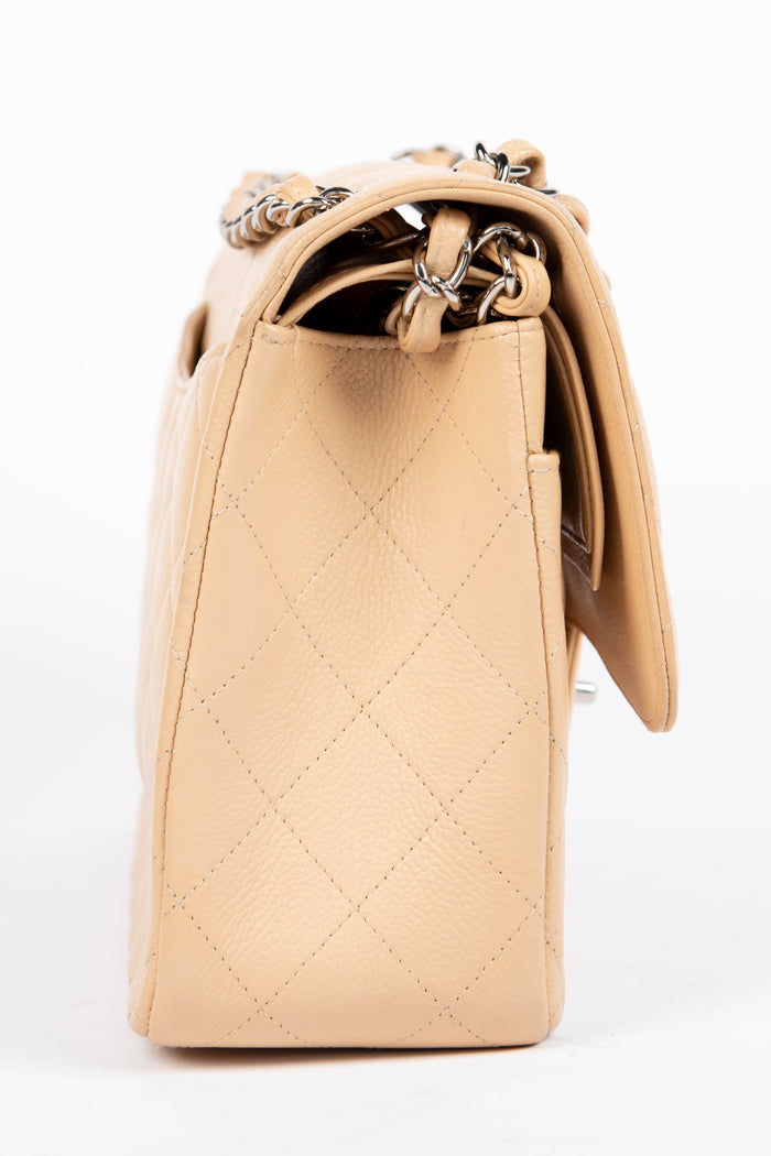 2019 Chanel Beige Caviar Leather Jumbo Double Flap Shoulder Bag