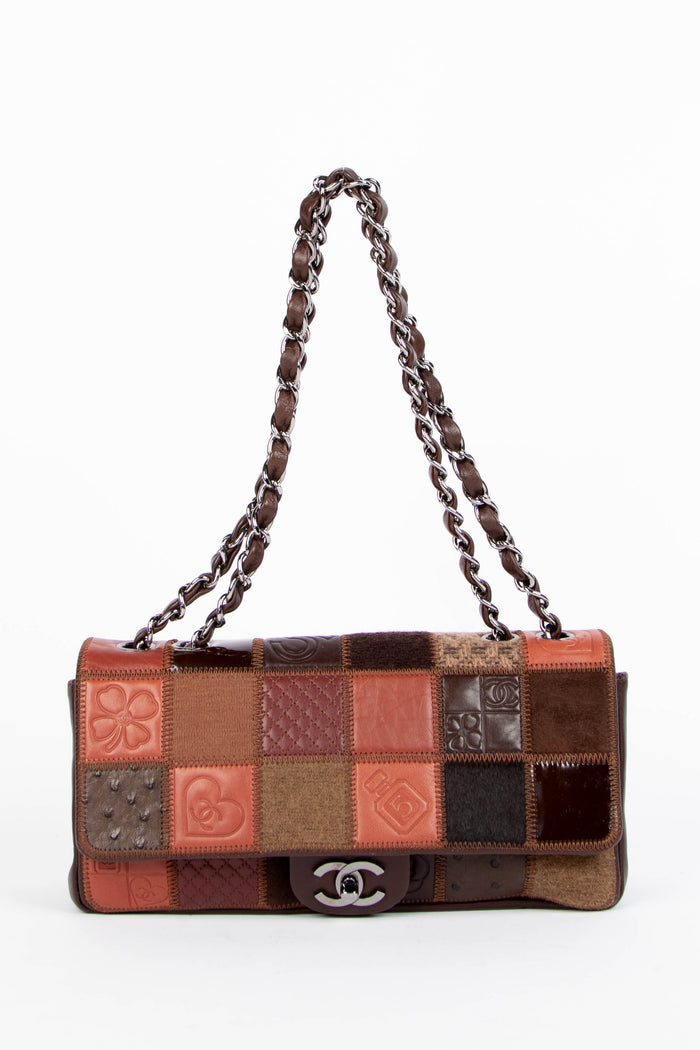 RARE 2000s Chanel Mixed Leather Patchwork East West Single Flap Bag