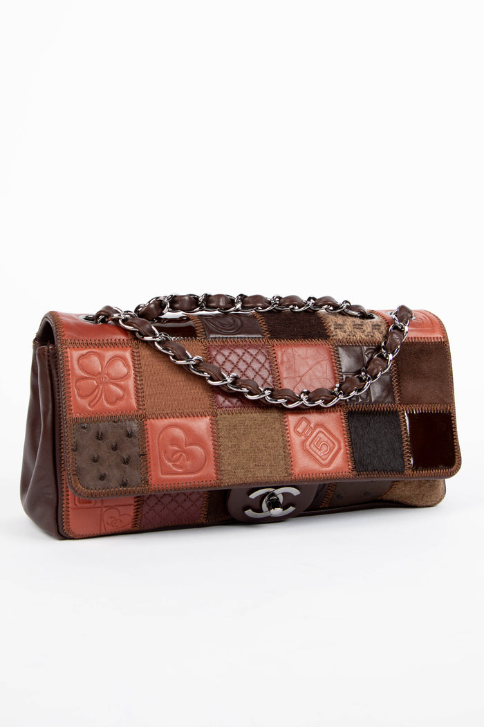 RARE 2000s Chanel Mixed Leather Patchwork East West Single Flap Bag