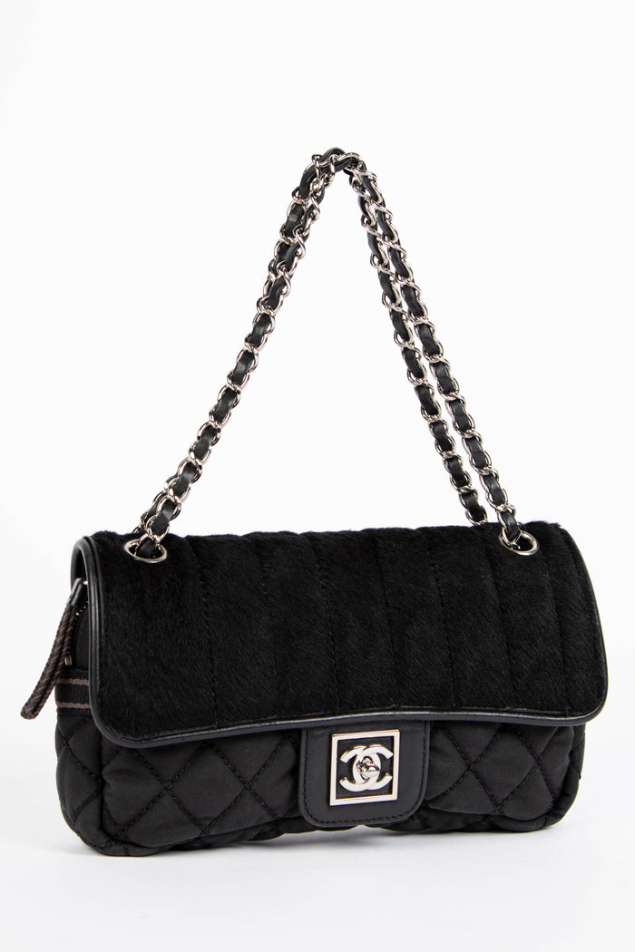2000s Chanel Sports Line Black Pony Hair Quilted Shoulder Bag