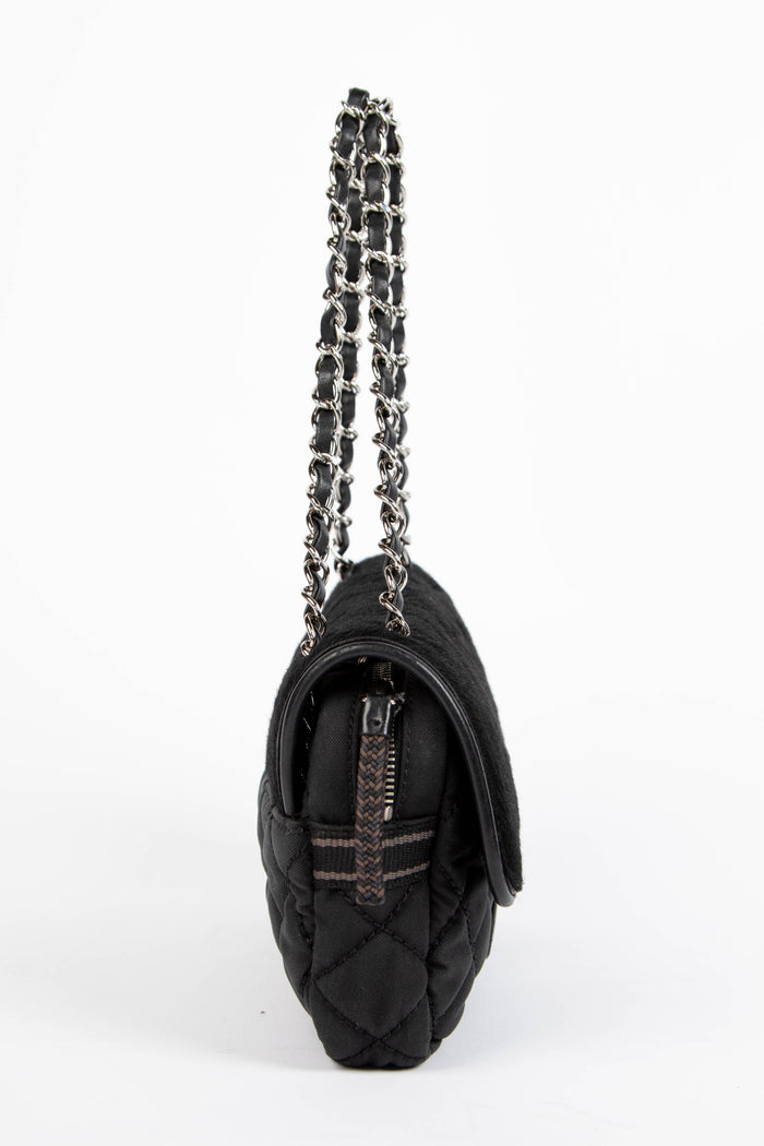 2000s Chanel Sports Line Black Pony Hair Quilted Shoulder Bag