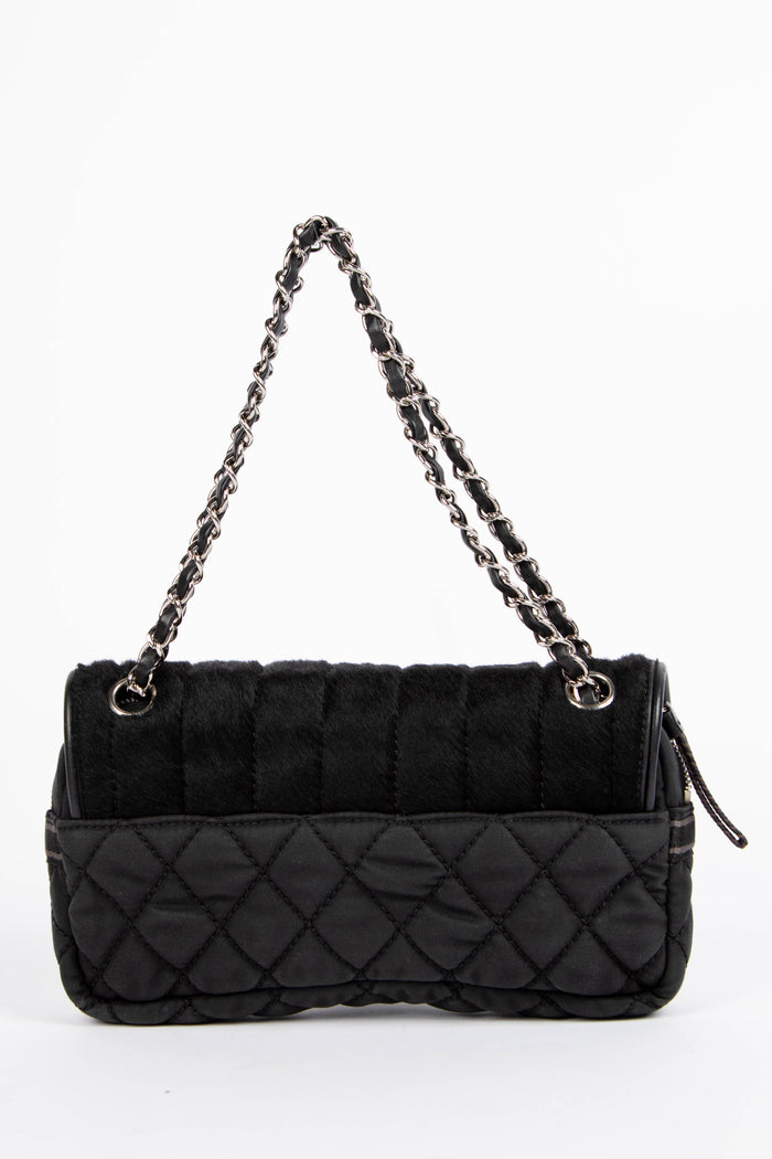2000s Chanel Sports Line Black Pony Hair Quilted Shoulder Bag