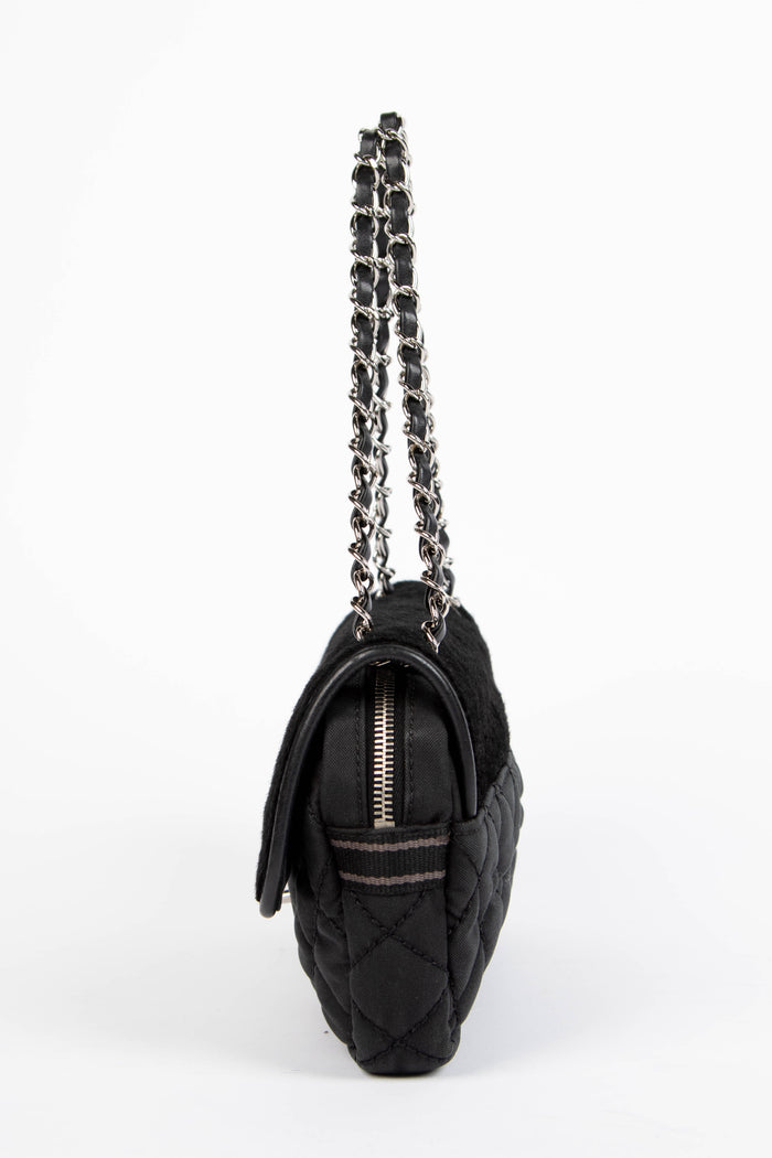 2000s Chanel Sports Line Black Pony Hair Quilted Shoulder Bag