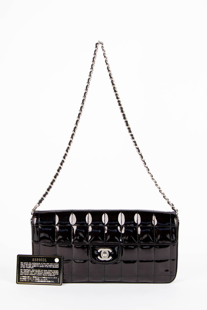 2000s Chanel Black Patent Leather East West Chocolate Bar Flap Bag
