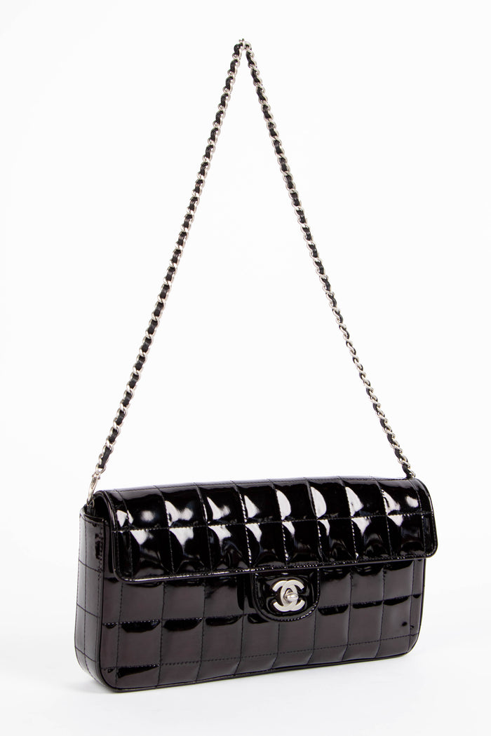 2000s Chanel Black Patent Leather East West Chocolate Bar Flap Bag