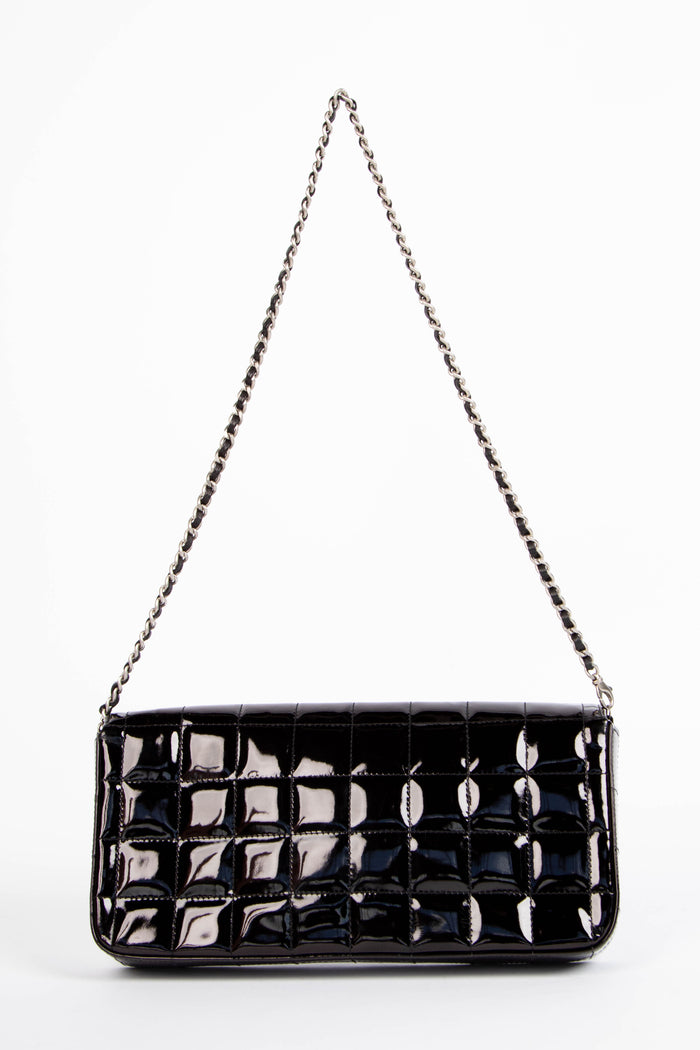 2000s Chanel Black Patent Leather East West Chocolate Bar Flap Bag