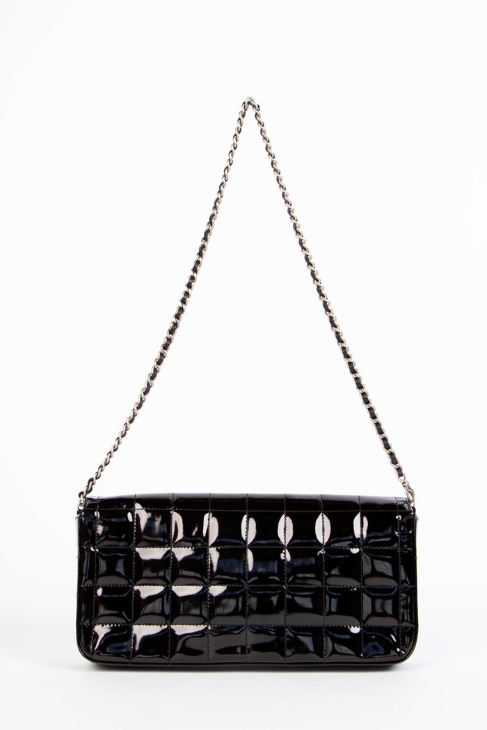 2000s Chanel Black Patent Leather East West Chocolate Bar Flap Bag