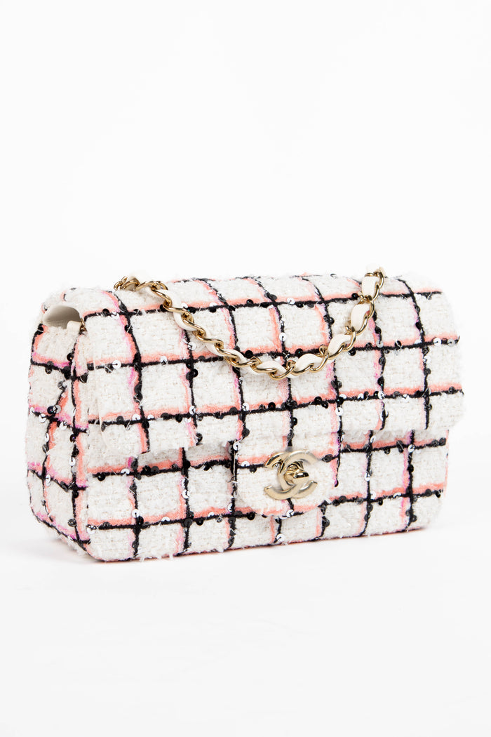 2020s Chanel White Sequin Tweed Mini Rectangular Single Flap Bag