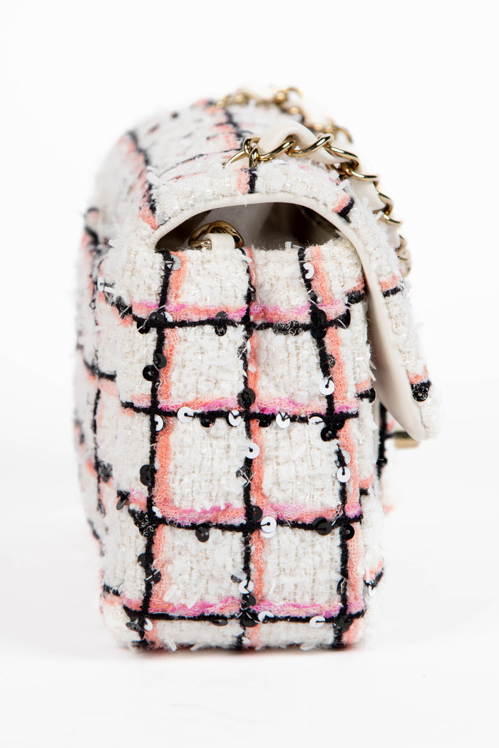 2020s Chanel White Sequin Tweed Mini Rectangular Single Flap Bag