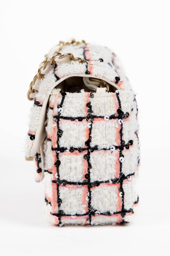 2020s Chanel White Sequin Tweed Mini Rectangular Single Flap Bag