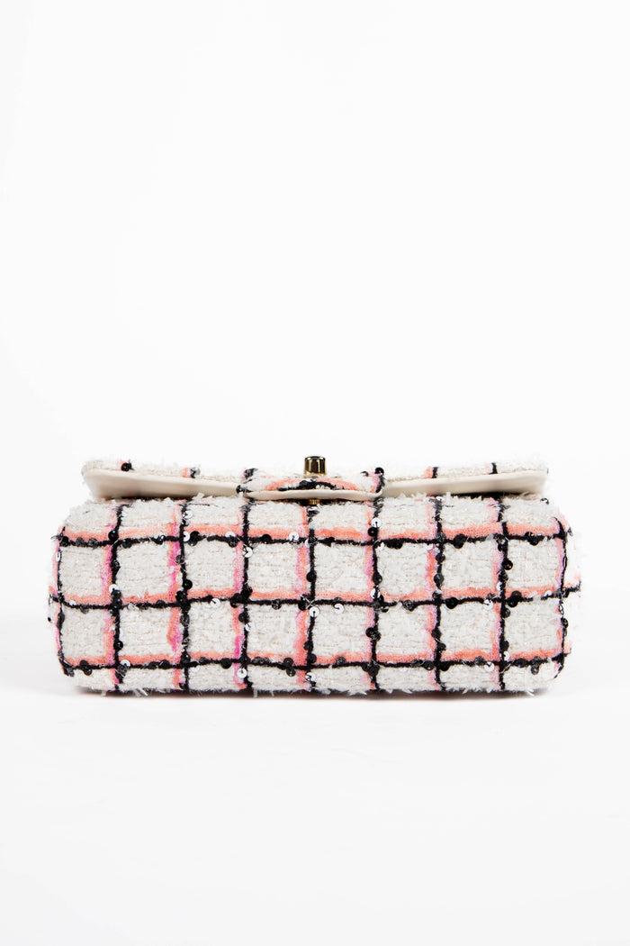 2020s Chanel White Sequin Tweed Mini Rectangular Single Flap Bag
