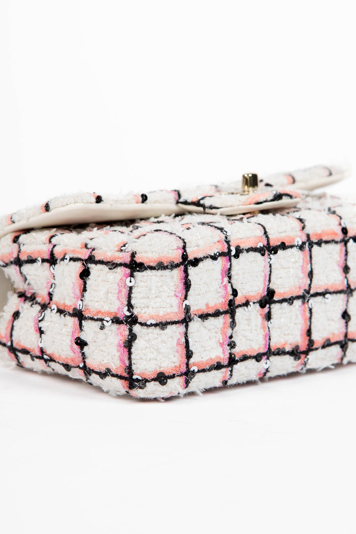 2020s Chanel White Sequin Tweed Mini Rectangular Single Flap Bag