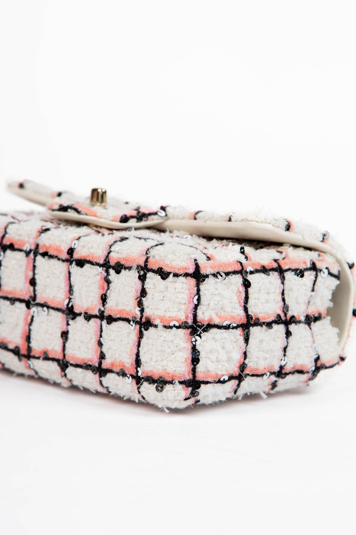 2020s Chanel White Sequin Tweed Mini Rectangular Single Flap Bag
