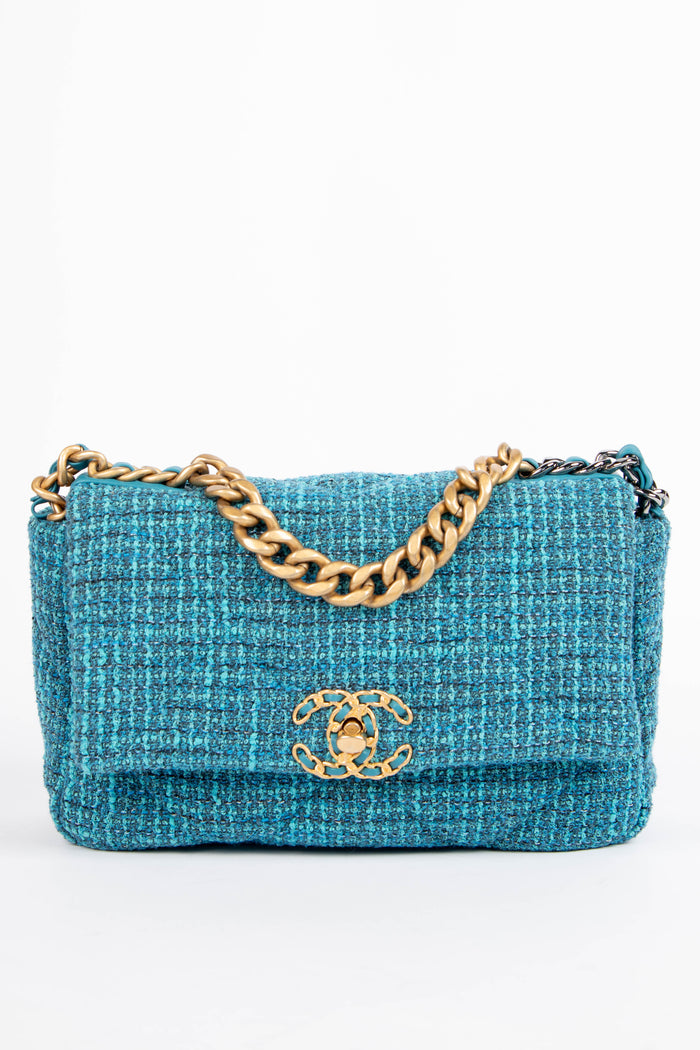 RARE Chanel 19 Teal Tweed Medium Shoulder Bag
