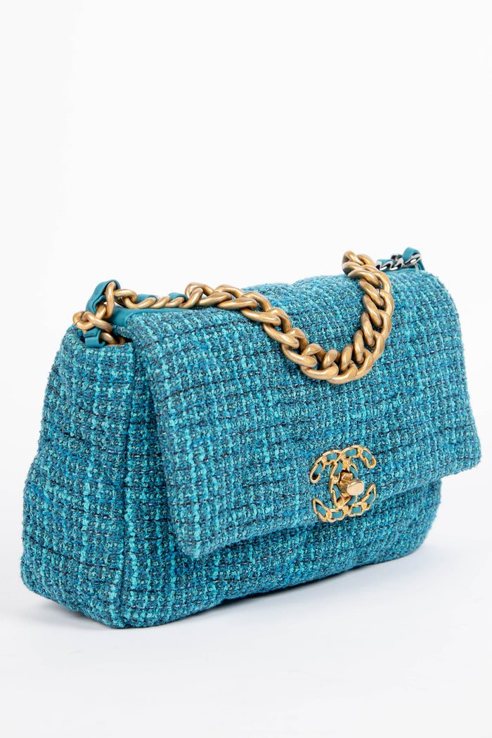 RARE Chanel 19 Teal Tweed Medium Shoulder Bag