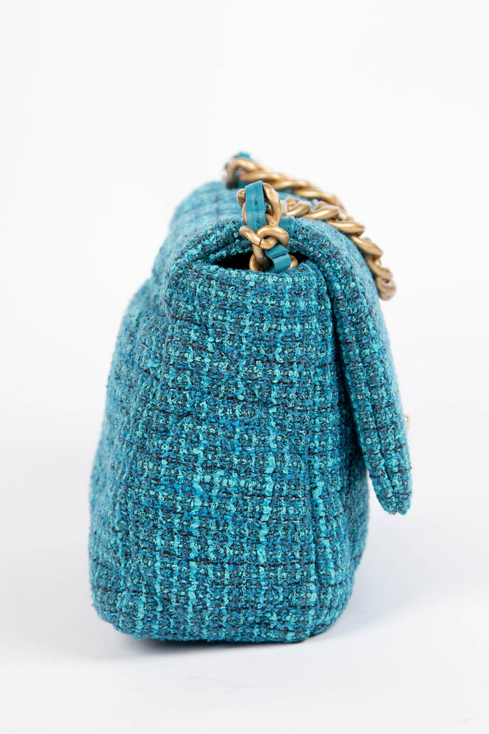 RARE Chanel 19 Teal Tweed Medium Shoulder Bag