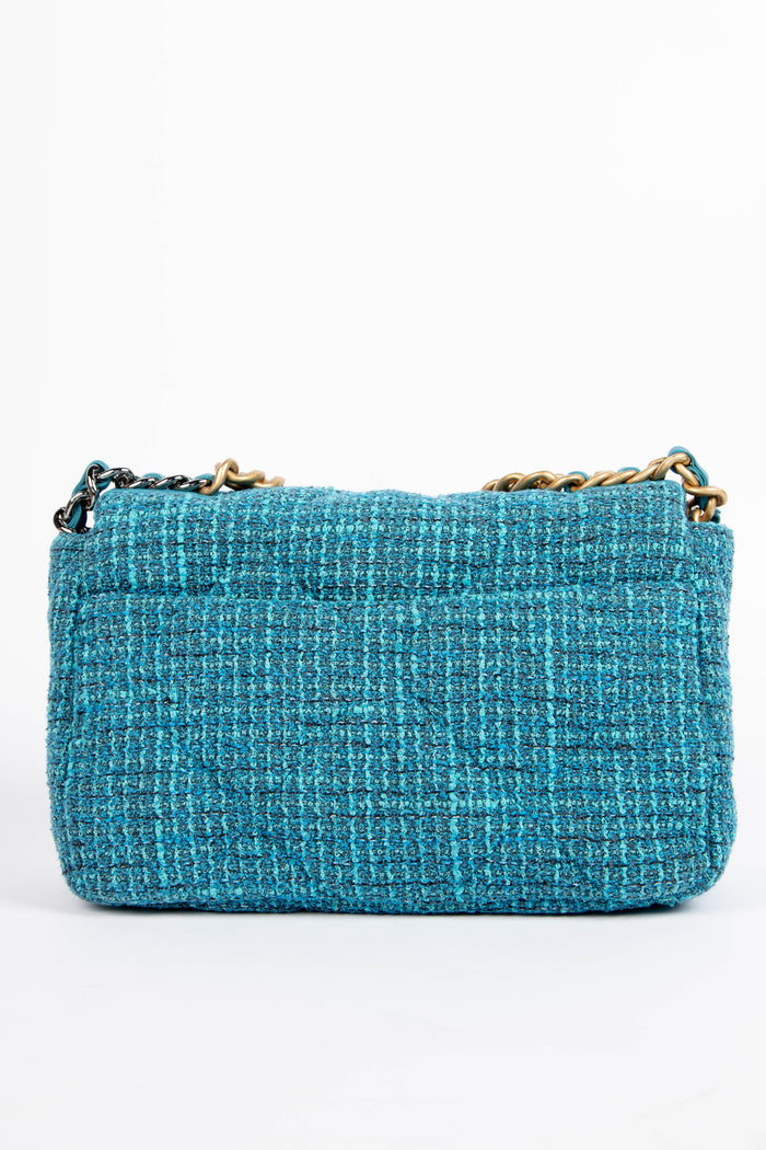 RARE Chanel 19 Teal Tweed Medium Shoulder Bag