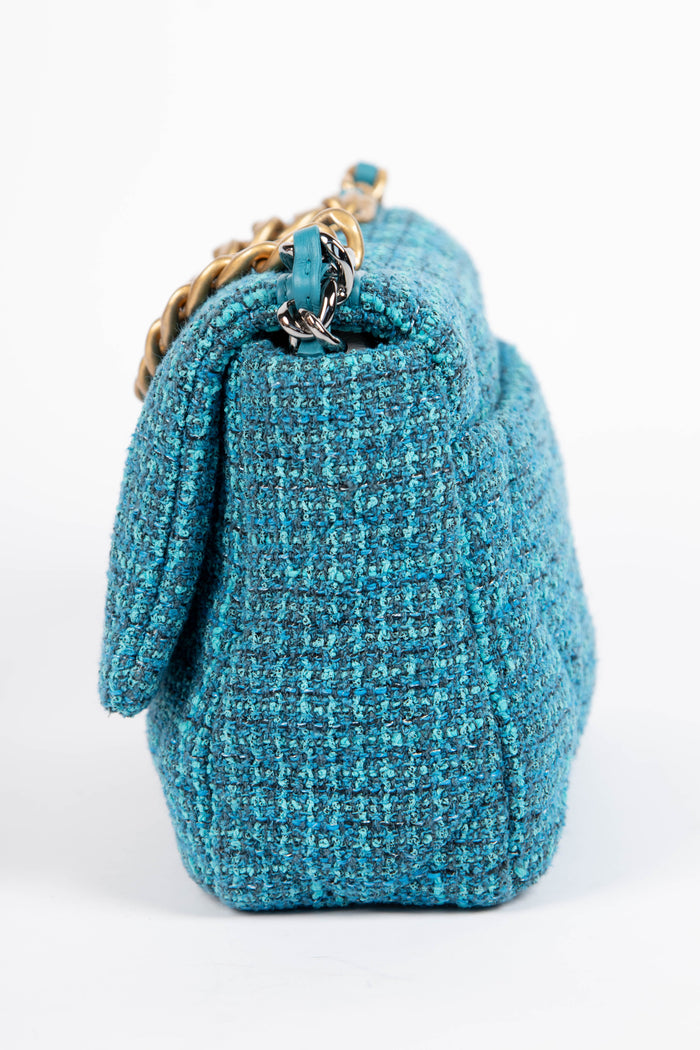 RARE Chanel 19 Teal Tweed Medium Shoulder Bag