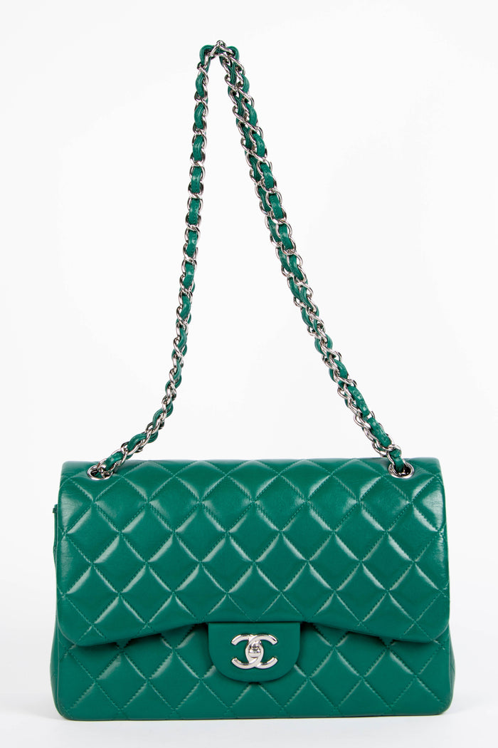 2010s Chanel Emerald Green Lambskin Leather Jumbo Double Flap Shoulder Bag