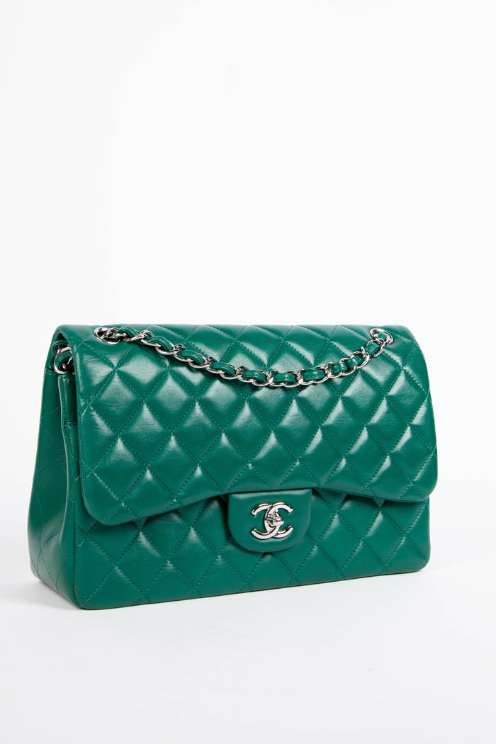 2010s Chanel Emerald Green Lambskin Leather Jumbo Double Flap Shoulder Bag