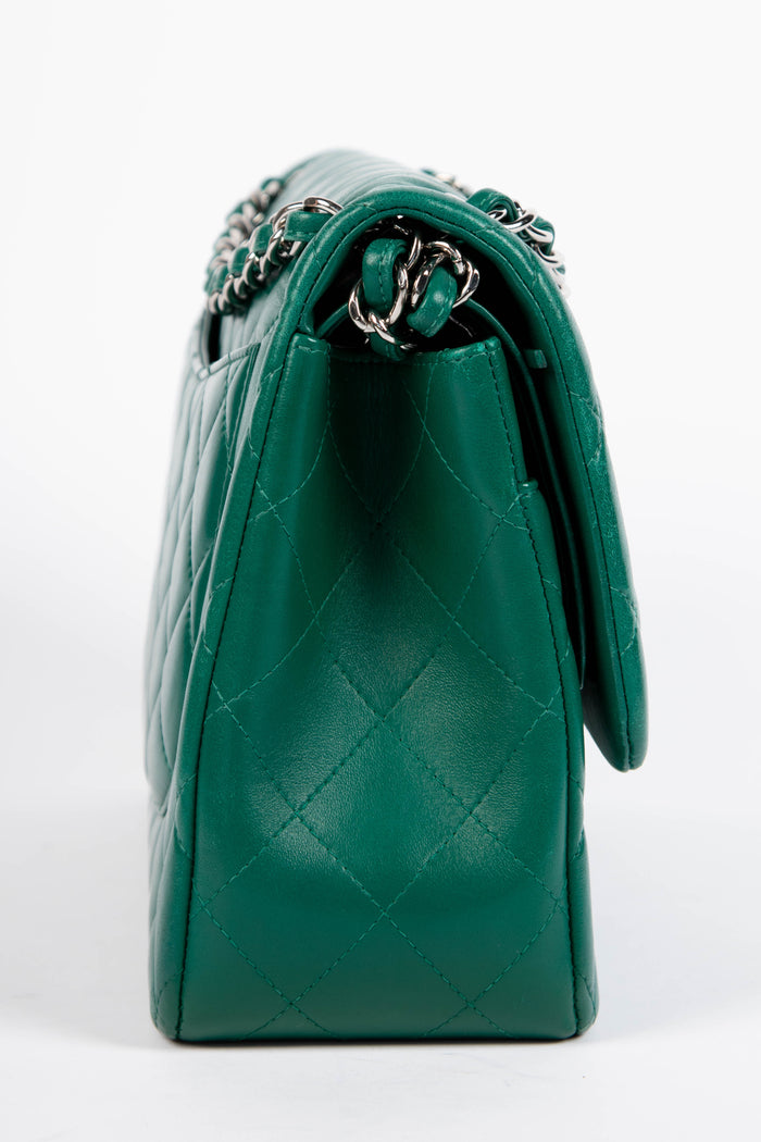 2010s Chanel Emerald Green Lambskin Leather Jumbo Double Flap Shoulder Bag