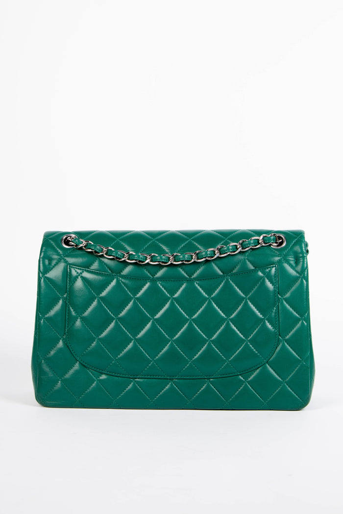 2010s Chanel Emerald Green Lambskin Leather Jumbo Double Flap Shoulder Bag